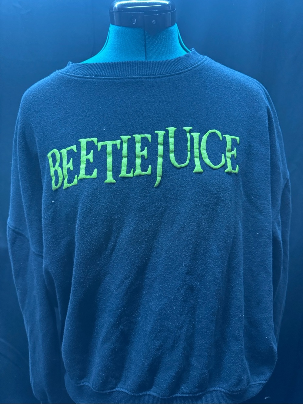 Beetlejuice Logo Black Crewneck Sweatshirt with Neon Green Embroidery